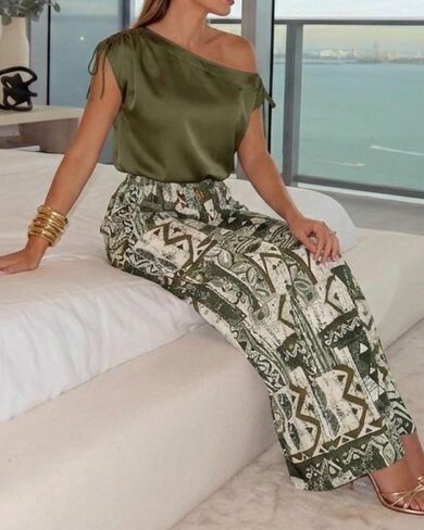 CHICME Women Summer 2 Piece Outfits Cold Shoulder Top Floral Print Wide Leg Pants Sets Travel Vacation Matching Set in Saudi Arabia