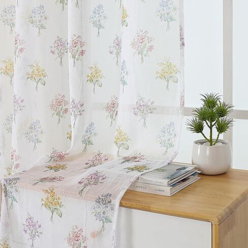 Crushed Floral Sheer Curtains 63 Inch Length - Light Filtering Printed Sheer Flower Patterned Curtains for Bedroom, Spring Romantic Rod Pocket Window Drapes, 2 Panels, 42Wx63L Inches, White in Saudi Arabia