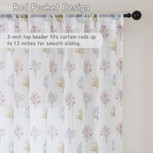 Crushed Floral Sheer Curtains 63 Inch Length - Light Filtering Printed Sheer Flower Patterned Curtains for Bedroom, Spring Romantic Rod Pocket Window Drapes, 2 Panels, 42Wx63L Inches, White in Saudi Arabia