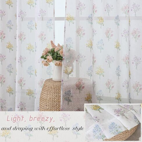Crushed Floral Sheer Curtains 63 Inch Length - Light Filtering Printed Sheer Flower Patterned Curtains for Bedroom, Spring Romantic Rod Pocket Window Drapes, 2 Panels, 42Wx63L Inches, White in Saudi Arabia