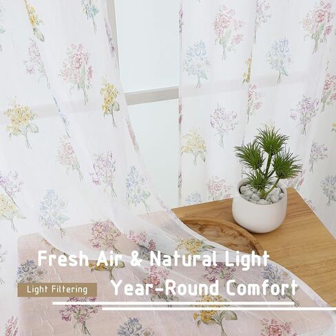 Crushed Floral Sheer Curtains 63 Inch Length - Light Filtering Printed Sheer Flower Patterned Curtains for Bedroom, Spring Romantic Rod Pocket Window Drapes, 2 Panels, 42Wx63L Inches, White in Saudi Arabia