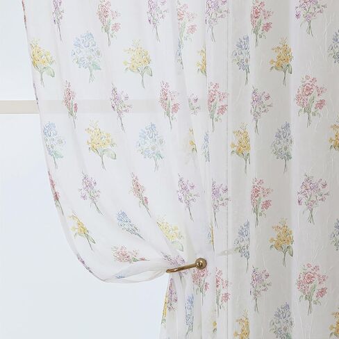 Crushed Floral Sheer Curtains 63 Inch Length - Light Filtering Printed Sheer Flower Patterned Curtains for Bedroom, Spring Romantic Rod Pocket Window Drapes, 2 Panels, 42Wx63L Inches, White in Saudi Arabia