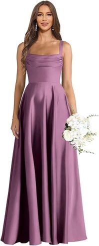 Spaghetti Straps Pleated Bridesmaid Dresses Long Satin Formal Wedding Guest Dress with Pockets in Saudi Arabia