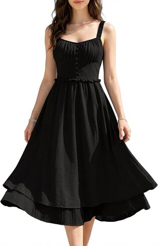 SUNSTORY Women's White Midi Corset Dress: 2026 Spaghetti Strap Flowy A-Line Ruffle Hem Renaissance Milkmaid Dresses in Saudi Arabia