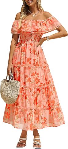 Simplee Womens Spring Ruffle Off Shoulder Floral Maxi Dress Summer Smocked Tiered Beach Flowy Wedding Guest Long Dresses in Saudi Arabia