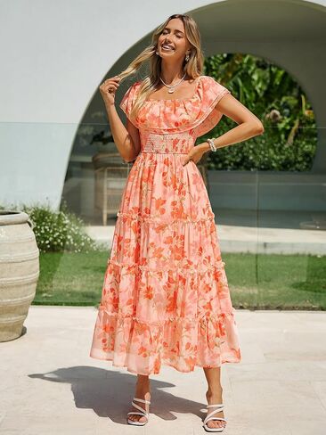 Simplee Womens Spring Ruffle Off Shoulder Floral Maxi Dress Summer Smocked Tiered Beach Flowy Wedding Guest Long Dresses in Saudi Arabia