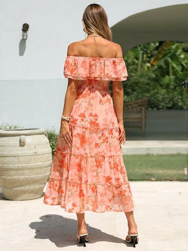Simplee Womens Spring Ruffle Off Shoulder Floral Maxi Dress Summer Smocked Tiered Beach Flowy Wedding Guest Long Dresses in Saudi Arabia
