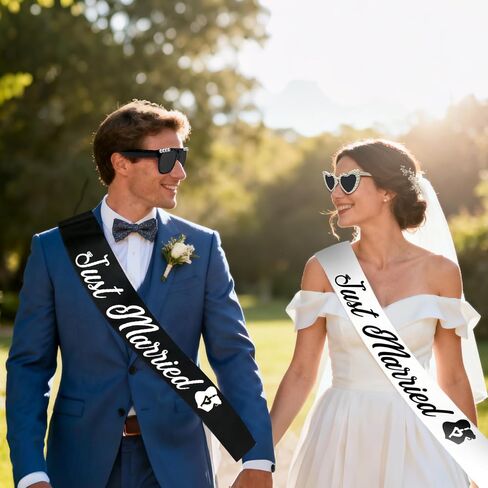 NIMOSA Just Married Decorations Bride and Groom Sunglasses and Sash for Just Married Wedding Party Decorations Wedding Sunglasses and Sash Honeymoon Accessories in Saudi Arabia