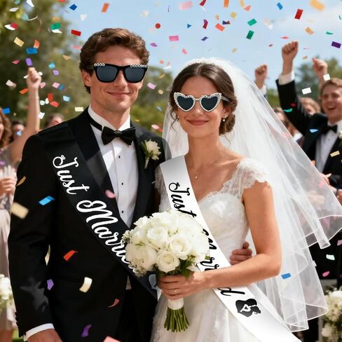 NIMOSA Just Married Decorations Bride and Groom Sunglasses and Sash for Just Married Wedding Party Decorations Wedding Sunglasses and Sash Honeymoon Accessories in Saudi Arabia