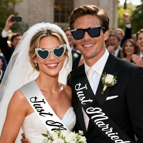 NIMOSA Just Married Decorations Bride and Groom Sunglasses and Sash for Just Married Wedding Party Decorations Wedding Sunglasses and Sash Honeymoon Accessories in Saudi Arabia