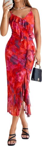 Simplee Women Floral Ruffle Bodycon Maxi Dress 2026 Summer Spaghetti Strap V Neck Mesh Slit Wedding Guest Beach Party Dresses in Saudi Arabia