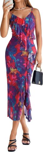 Simplee Women Floral Ruffle Bodycon Maxi Dress 2026 Summer Spaghetti Strap V Neck Mesh Slit Wedding Guest Beach Party Dresses in Saudi Arabia