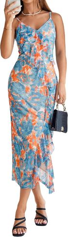 Simplee Women Floral Ruffle Bodycon Maxi Dress 2026 Summer Spaghetti Strap V Neck Mesh Slit Wedding Guest Beach Party Dresses in Saudi Arabia