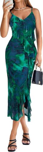 Simplee Women Floral Ruffle Bodycon Maxi Dress 2026 Summer Spaghetti Strap V Neck Mesh Slit Wedding Guest Beach Party Dresses in Saudi Arabia