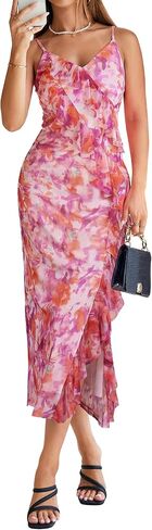 Simplee Women Floral Ruffle Bodycon Maxi Dress 2026 Summer Spaghetti Strap V Neck Mesh Slit Wedding Guest Beach Party Dresses in Saudi Arabia