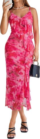 Simplee Women Floral Ruffle Bodycon Maxi Dress 2026 Summer Spaghetti Strap V Neck Mesh Slit Wedding Guest Beach Party Dresses in Saudi Arabia