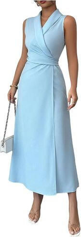 OYOANGLE Women's Sleeveless Belted Maxi Dress Wrap Collar Tie Back Elegant Flared Long Dress in Kuwait