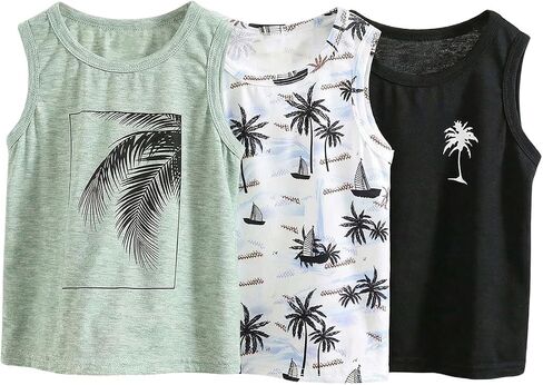 RoseSeek Boy's 3 Pack Tropical Print Tank Top Sleeveless Crew Neck Vacation Beach Tops Summer Tanks in Kuwait
