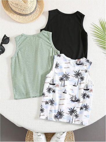 RoseSeek Boy's 3 Pack Tropical Print Tank Top Sleeveless Crew Neck Vacation Beach Tops Summer Tanks in Kuwait