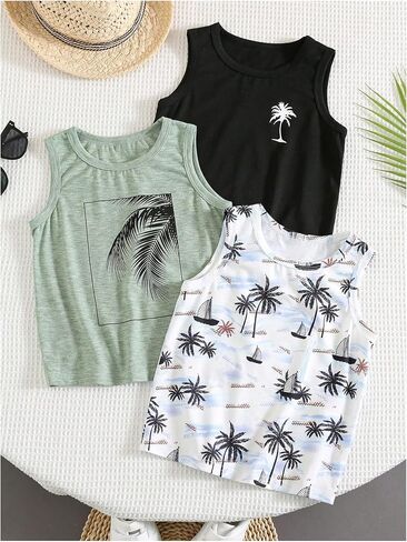RoseSeek Boy's 3 Pack Tropical Print Tank Top Sleeveless Crew Neck Vacation Beach Tops Summer Tanks in Kuwait