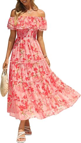 Simplee Womens Spring Ruffle Off Shoulder Floral Maxi Dress Summer Smocked Tiered Beach Flowy Wedding Guest Long Dresses in Saudi Arabia