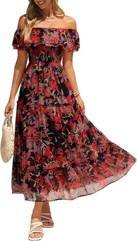 Simplee Womens Spring Ruffle Off Shoulder Floral Maxi Dress Summer Smocked Tiered Beach Flowy Wedding Guest Long Dresses in Saudi Arabia