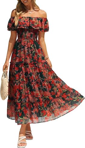 Simplee Womens Spring Ruffle Off Shoulder Floral Maxi Dress Summer Smocked Tiered Beach Flowy Wedding Guest Long Dresses in Saudi Arabia