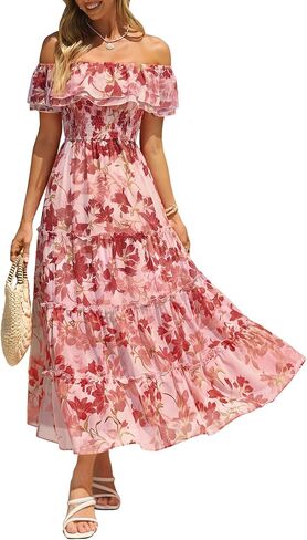Simplee Womens Spring Ruffle Off Shoulder Floral Maxi Dress Summer Smocked Tiered Beach Flowy Wedding Guest Long Dresses in Saudi Arabia