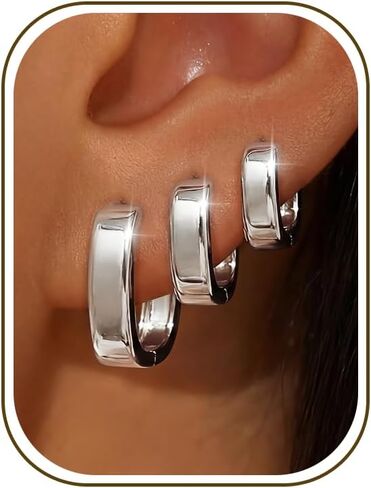 OOOPEL 3 Pairs Small Square Hoops Earrings for Women Hypoallergenic S925 Sterling Silver Post 14K Gold Plated Hoop Earrings Lightweight Chunky Square 6/8/10mm Huggie Set for Women 5mm Chunky Hoops in Saudi Arabia