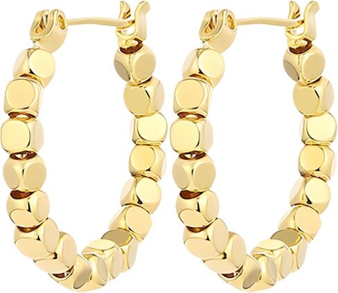 18K Gold Cube Hoop Earrings For Women, Geometric Small Hoops With Square Beads, Minimalist Huggie Earrings, Fashion Jewelry For Special Occasions in Saudi Arabia