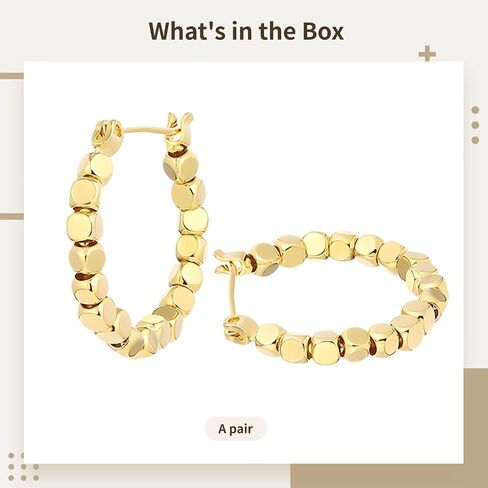18K Gold Cube Hoop Earrings For Women, Geometric Small Hoops With Square Beads, Minimalist Huggie Earrings, Fashion Jewelry For Special Occasions in Saudi Arabia