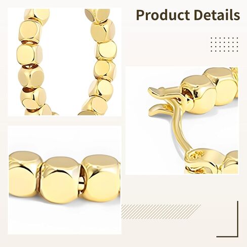 18K Gold Cube Hoop Earrings For Women, Geometric Small Hoops With Square Beads, Minimalist Huggie Earrings, Fashion Jewelry For Special Occasions in Saudi Arabia