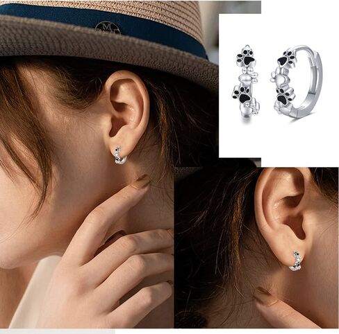 TUGHRA Dog Paw Print Hoop Earrings for Women, 925 Sterling Silver Small Huggie Earrings, Hypoallergenic Cartilage Earrings for Pet Lovers, Cute Animal Jewelry Gift for Dog Cat Owners Birthday in Saudi Arabia