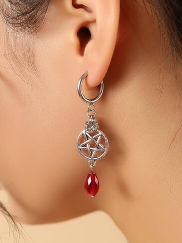 Sacina Goth Silver-tone Pentagram Teardrop Hoop Earrings, Gothic Emo Punk Grunge Y2k Aesthetic Earrings, Goth Jewelry, Christmas Jewelry Gift for Women in Kuwait