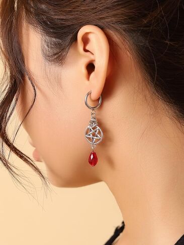 Sacina Goth Silver-tone Pentagram Teardrop Hoop Earrings, Gothic Emo Punk Grunge Y2k Aesthetic Earrings, Goth Jewelry, Christmas Jewelry Gift for Women in Kuwait