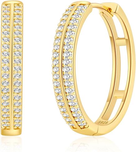 RANKEEF Small Rhinestone Hoop Earrings 925 Silver Everyday Cartilage Hoops Hypoallergenic Dainty 14K Gold Plated Huggie Sparkle Double Row Cubic Zirconia Hoop Earrings 10/15/20/25mm in Saudi Arabia