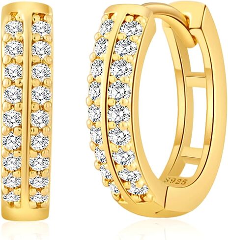 RANKEEF Small Rhinestone Hoop Earrings 925 Silver Everyday Cartilage Hoops Hypoallergenic Dainty 14K Gold Plated Huggie Sparkle Double Row Cubic Zirconia Hoop Earrings 10/15/20/25mm in Saudi Arabia