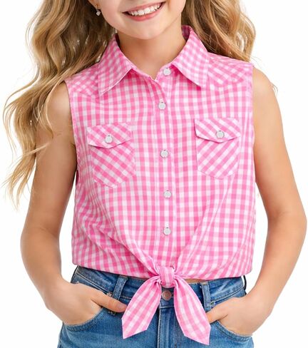 BEARAE Girls Sleeveless Button Down Shirt, Plaid Shirt Tank Tops, Summer Tie Knot Blouse Western Shirts for Girls 5-12T in Saudi Arabia
