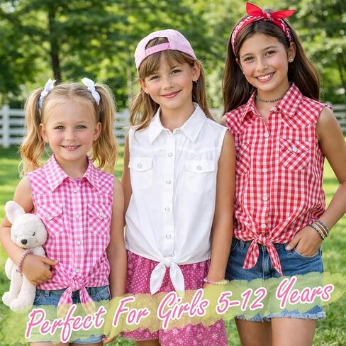 BEARAE Girls Sleeveless Button Down Shirt, Plaid Shirt Tank Tops, Summer Tie Knot Blouse Western Shirts for Girls 5-12T in Saudi Arabia