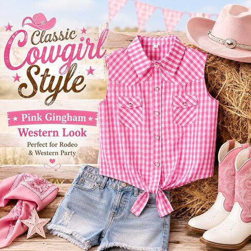 BEARAE Girls Sleeveless Button Down Shirt, Plaid Shirt Tank Tops, Summer Tie Knot Blouse Western Shirts for Girls 5-12T in Saudi Arabia