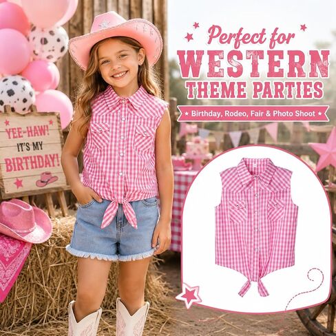 BEARAE Girls Sleeveless Button Down Shirt, Plaid Shirt Tank Tops, Summer Tie Knot Blouse Western Shirts for Girls 5-12T in Saudi Arabia