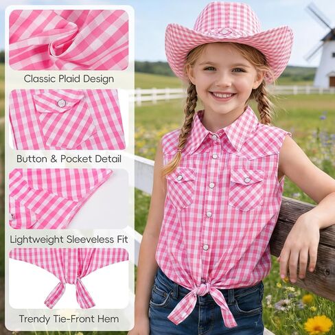 BEARAE Girls Sleeveless Button Down Shirt, Plaid Shirt Tank Tops, Summer Tie Knot Blouse Western Shirts for Girls 5-12T in Saudi Arabia