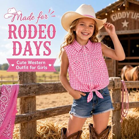 BEARAE Girls Sleeveless Button Down Shirt, Plaid Shirt Tank Tops, Summer Tie Knot Blouse Western Shirts for Girls 5-12T in Saudi Arabia