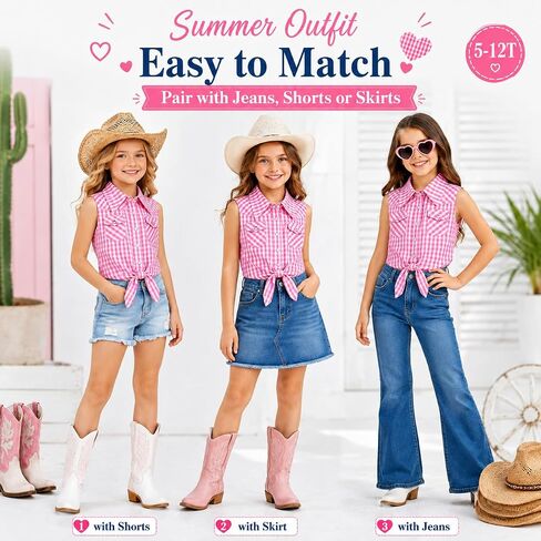 BEARAE Girls Sleeveless Button Down Shirt, Plaid Shirt Tank Tops, Summer Tie Knot Blouse Western Shirts for Girls 5-12T in Saudi Arabia