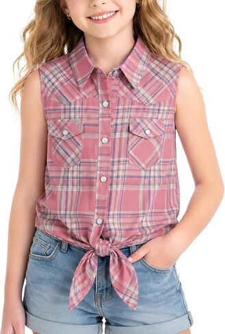 BEARAE Girls Sleeveless Button Down Shirt, Plaid Shirt Tank Tops, Summer Tie Knot Blouse Western Shirts for Girls 5-12T in Saudi Arabia