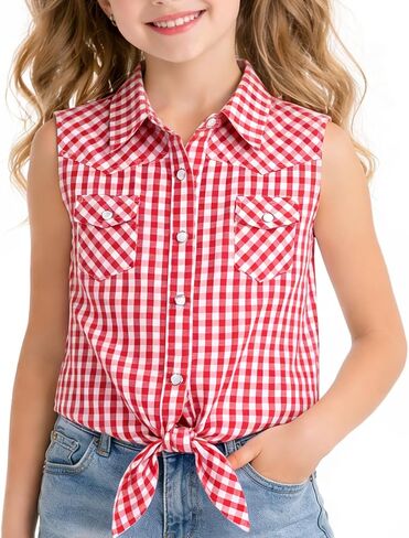 BEARAE Girls Sleeveless Button Down Shirt, Plaid Shirt Tank Tops, Summer Tie Knot Blouse Western Shirts for Girls 5-12T in Saudi Arabia