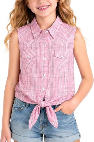 BEARAE Girls Sleeveless Button Down Shirt, Plaid Shirt Tank Tops, Summer Tie Knot Blouse Western Shirts for Girls 5-12T in Saudi Arabia