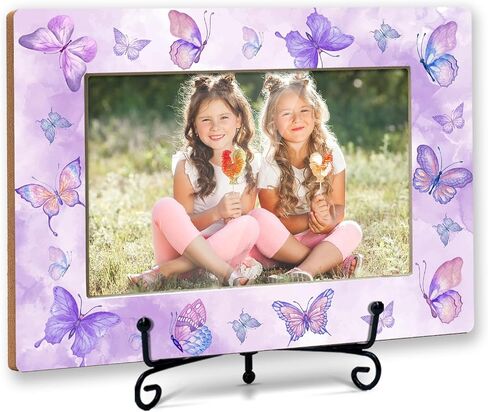 Butterfly Friends 4x6 Picture Frame, Small Wooden Photo Frame With Iron Stand, Purple Butterfly Gifts, Horizontal Home Tabletop Desk Decor -B10 in Saudi Arabia