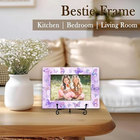 Butterfly Friends 4x6 Picture Frame, Small Wooden Photo Frame With Iron Stand, Purple Butterfly Gifts, Horizontal Home Tabletop Desk Decor -B10 in Saudi Arabia