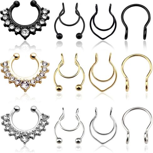 12 Pcs Fake Nose Ring Gold Septum Rings Set, Stainless Steel Fake Piercings Nose Ring Hoop Septum Piercing, for Women Men Non Piercing Noses Black Gold and Silver Noses Rings Accessories in Saudi Arabia